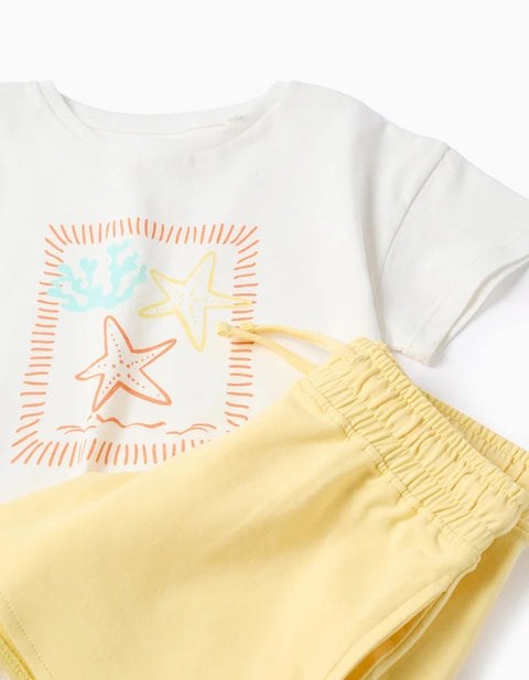 T-Shirt with Starfish Print + Shorts in Cotton for Girls, White/Yellow