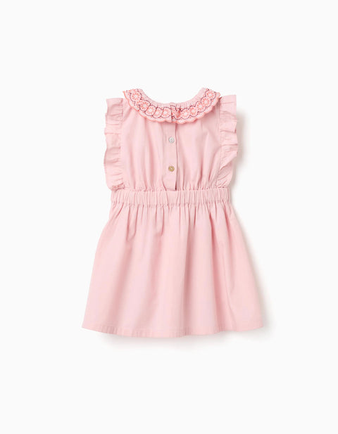 Poplin Dress with Ruffled Collar and Sleeves for Baby Girls, Pink