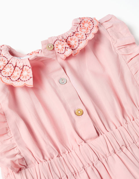 Poplin Dress with Ruffled Collar and Sleeves for Baby Girls, Pink