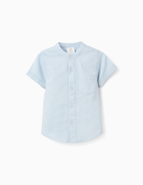 Linen and Cotton Short Sleeve Shirt with Pocket for Baby Boys, Light Blue