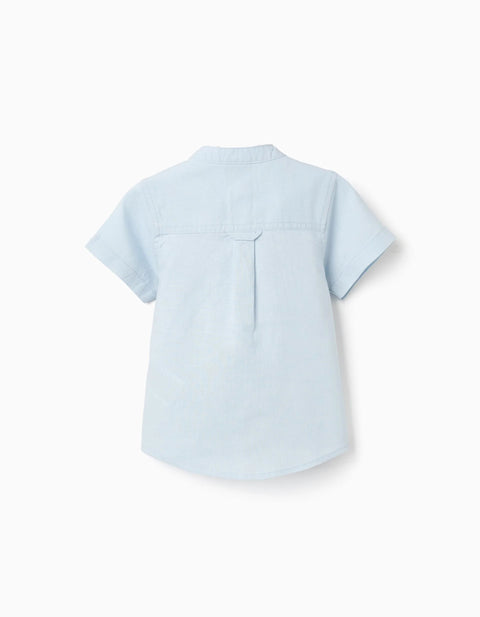 Linen and Cotton Short Sleeve Shirt with Pocket for Baby Boys, Light Blue
