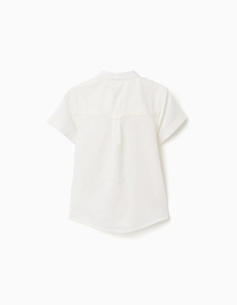 Linen and Cotton Short Sleeve Shirt with Pocket for Baby Boys, White
