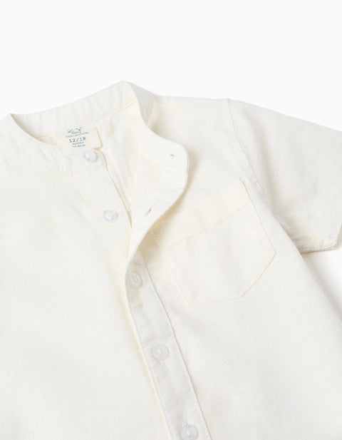 Linen and Cotton Short Sleeve Shirt with Pocket for Baby Boys, White