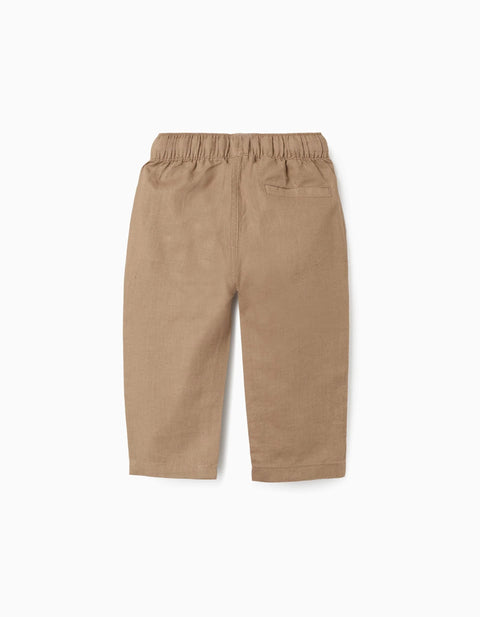Baggy linen trousers with drawstring for baby boys, dark beige