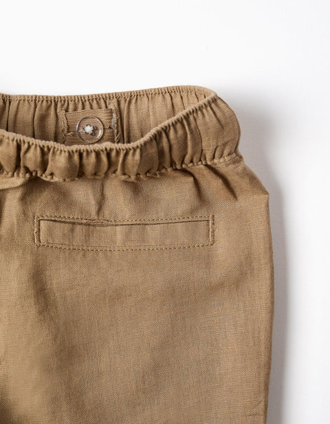 Baggy linen trousers with drawstring for baby boys, dark beige