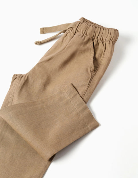 Baggy linen trousers with drawstring for baby boys, dark beige
