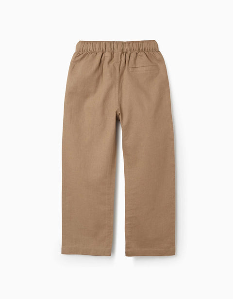 Straight fit linen trousers with drawstring for boys, dark beige