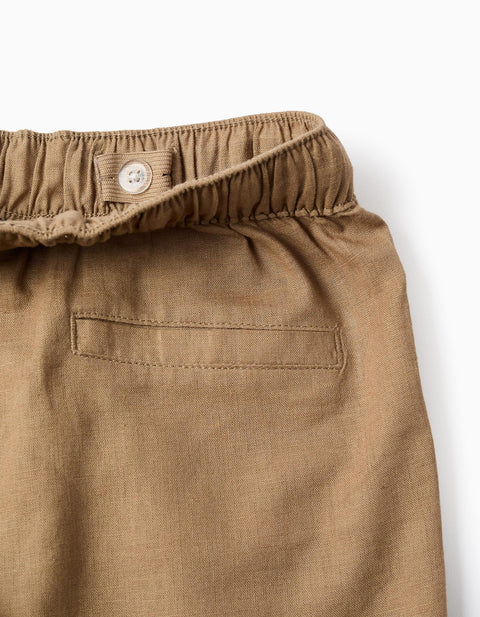 Straight fit linen trousers with drawstring for boys, dark beige