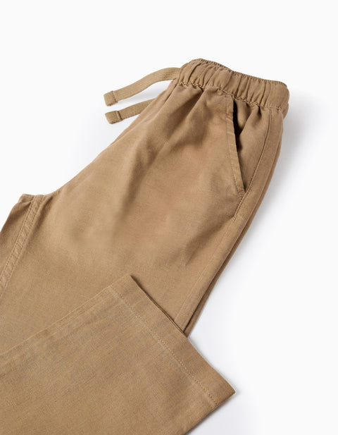 Straight fit linen trousers with drawstring for boys, dark beige