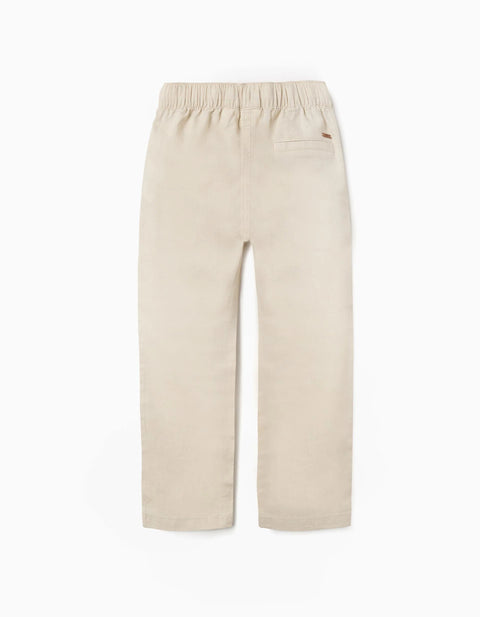 Straight Fit Linen Trousers with Drawstring for Boys, Light Beige