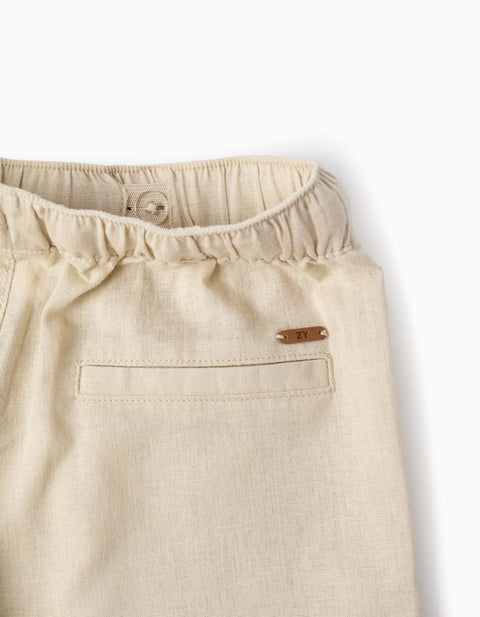 Straight Fit Linen Trousers with Drawstring for Boys, Light Beige