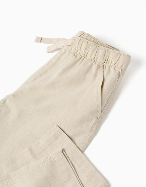 Straight Fit Linen Trousers with Drawstring for Boys, Light Beige