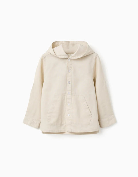 Long Sleeve Shirt in Linen and Cotton with Hood for Boys, Beige