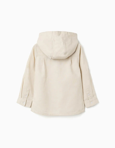 Long Sleeve Shirt in Linen and Cotton with Hood for Boys, Beige