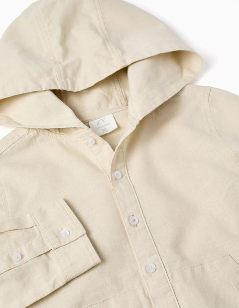 Long Sleeve Shirt in Linen and Cotton with Hood for Boys, Beige