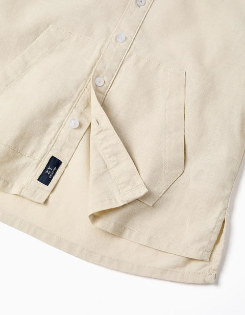 Long Sleeve Shirt in Linen and Cotton with Hood for Boys, Beige