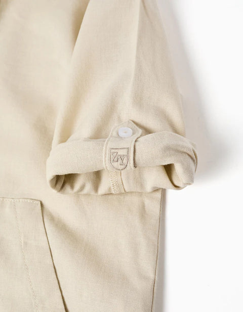 Long Sleeve Shirt in Linen and Cotton with Hood for Boys, Beige