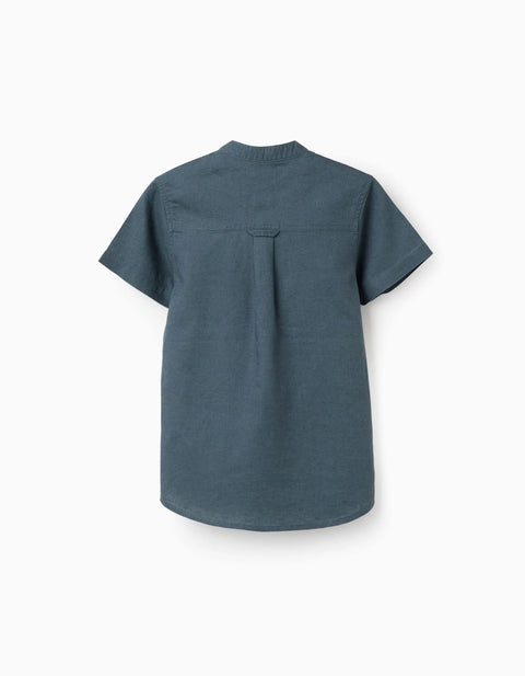 Linen and Cotton Short Sleeve Shirt with Pocket for Boys, Blue-Grey