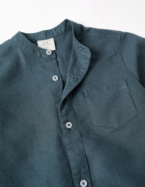 Linen and Cotton Short Sleeve Shirt with Pocket for Boys, Blue-Grey