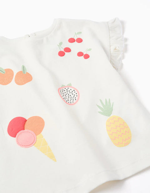 Cotton T-Shirt with Fruit and Ice Cream Print for Baby Girls, White