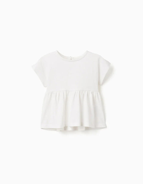 Cotton T-Shirt with Ruffled Hem for Baby Girls, White