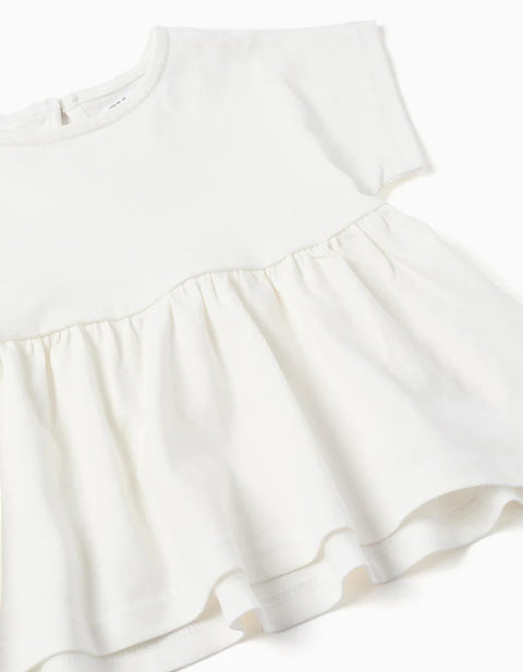 Cotton T-Shirt with Ruffled Hem for Baby Girls, White