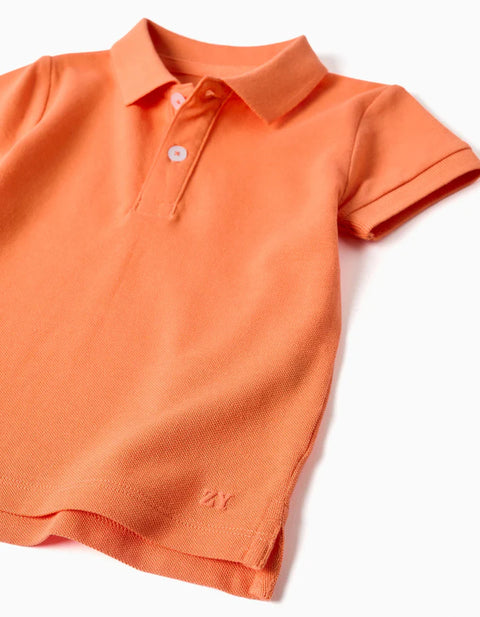 Short Sleeve Cotton Piqué Polo Shirt for Baby Boys, Orange