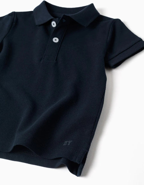 Short Sleeve Cotton Piqué Polo Shirt for Baby Boys, Dark Blue