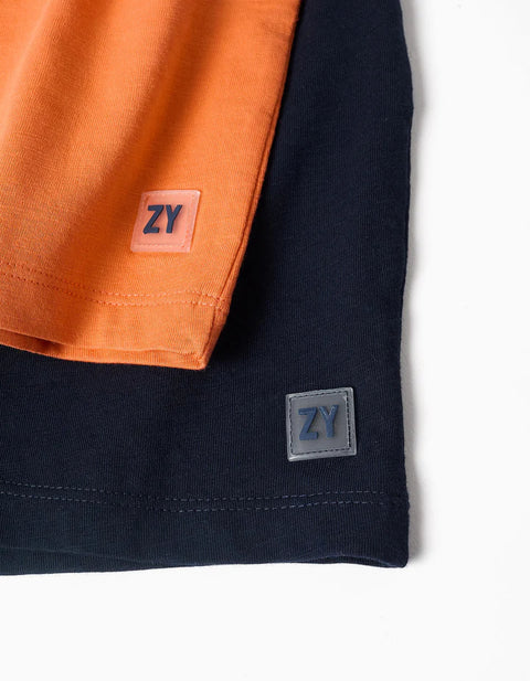 Pack of 2 Cotton Shorts with Drawstring for Baby Boys, Orange/Dark Blue
