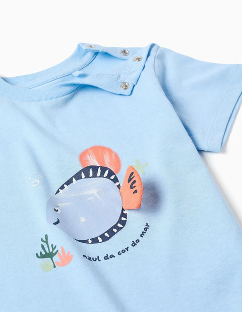 Cotton T-Shirt with 3D Fish Print for Baby Boys, Light Blue