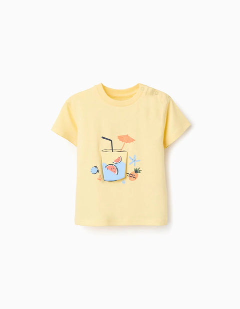 Cotton T-Shirt with 3D Juice Print for Baby Boys, Yellow