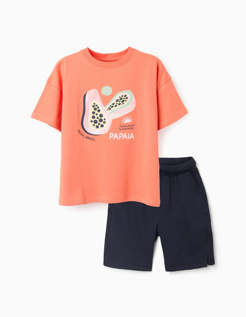 Cotton T-Shirt and Shorts Set with Print for Boys, Orange/Dark Blue