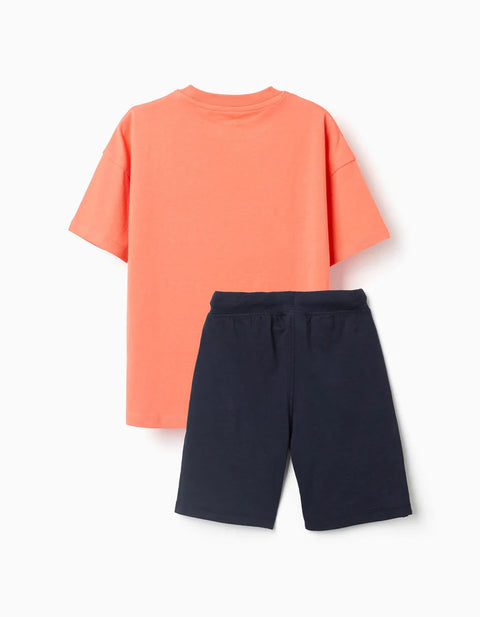 Cotton T-Shirt and Shorts Set with Print for Boys, Orange/Dark Blue