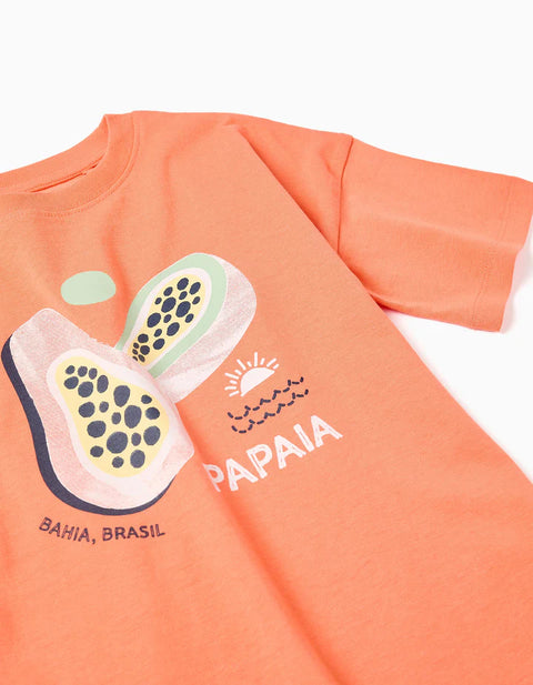 Cotton T-Shirt and Shorts Set with Print for Boys, Orange/Dark Blue