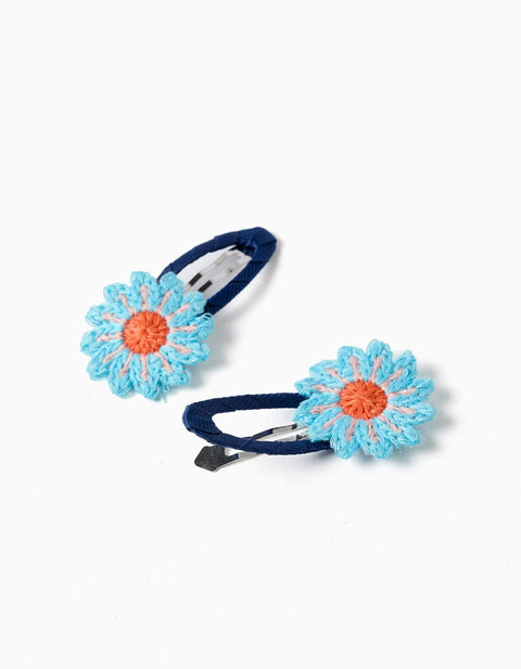Pack of 2 Hair Clips with Crocheted Flowers for Babies and Girls, Blue