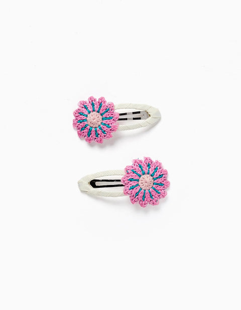 Pack of 2 Hair Clips with Crocheted Flowers for Babies and Girls, Pink