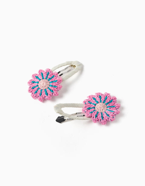Pack of 2 Hair Clips with Crocheted Flowers for Babies and Girls, Pink