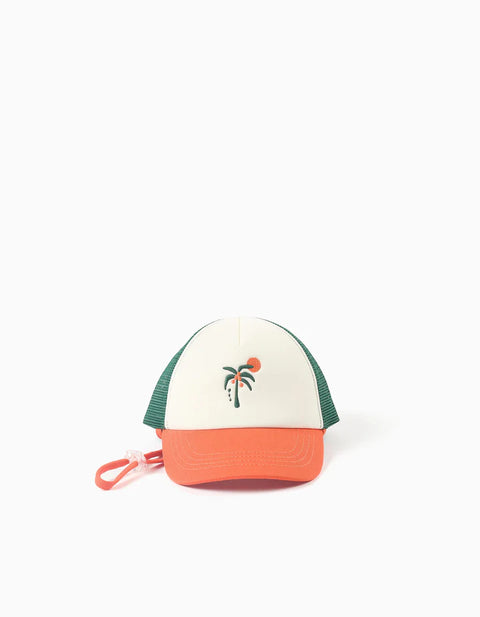 Cap with Embroidered Palm Tree for Baby Boys, White/Orange/Green