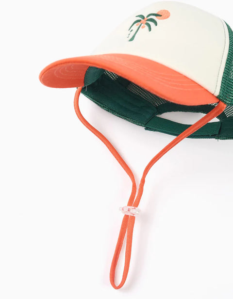 Cap with Embroidered Palm Tree for Baby Boys, White/Orange/Green