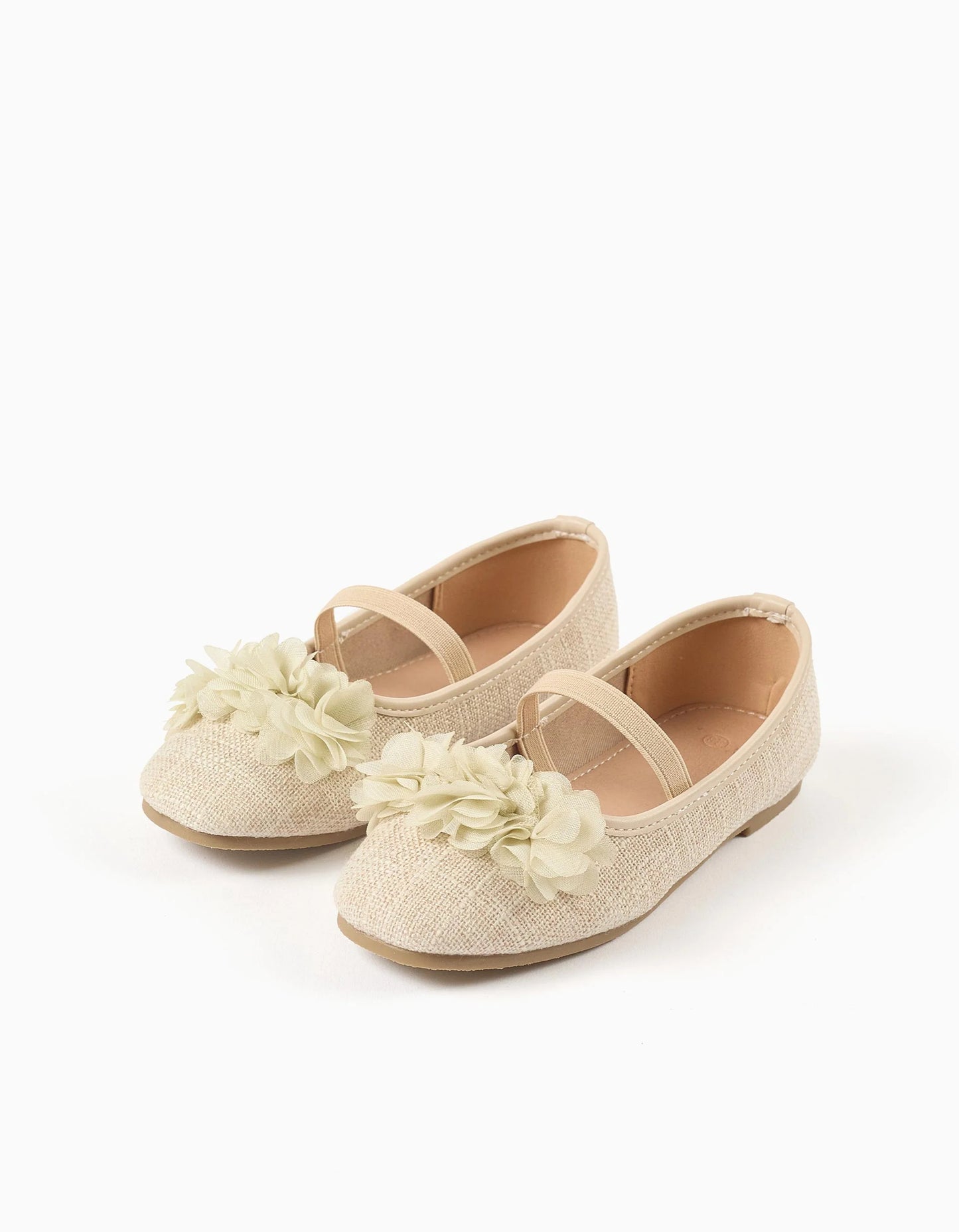 Linen ballerina shoes with flowers for girls, beige