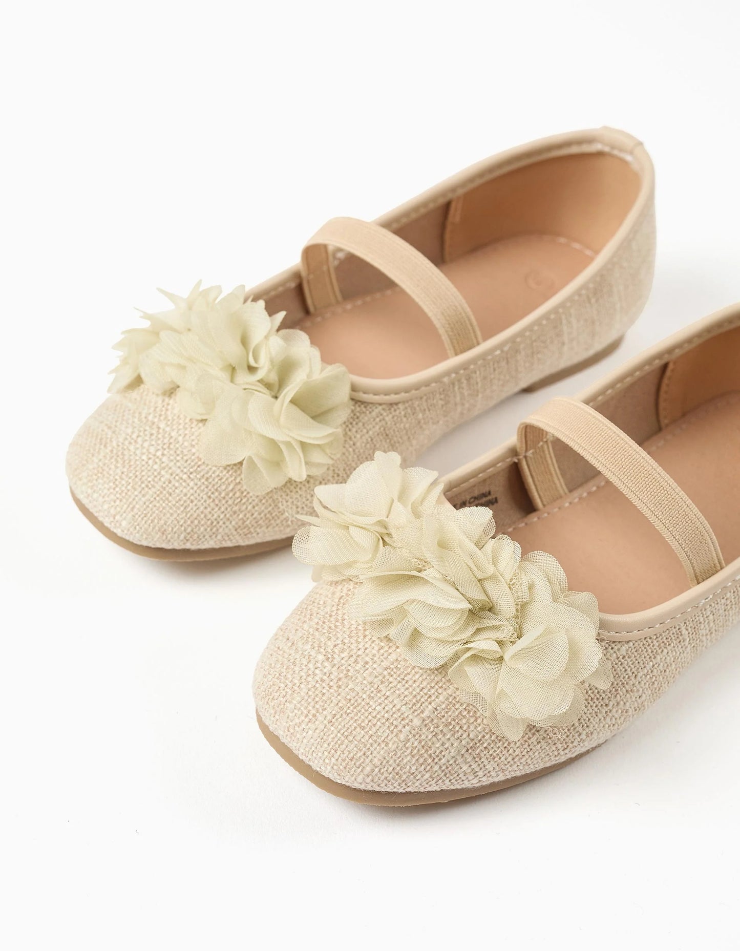 Linen ballerina shoes with flowers for girls, beige