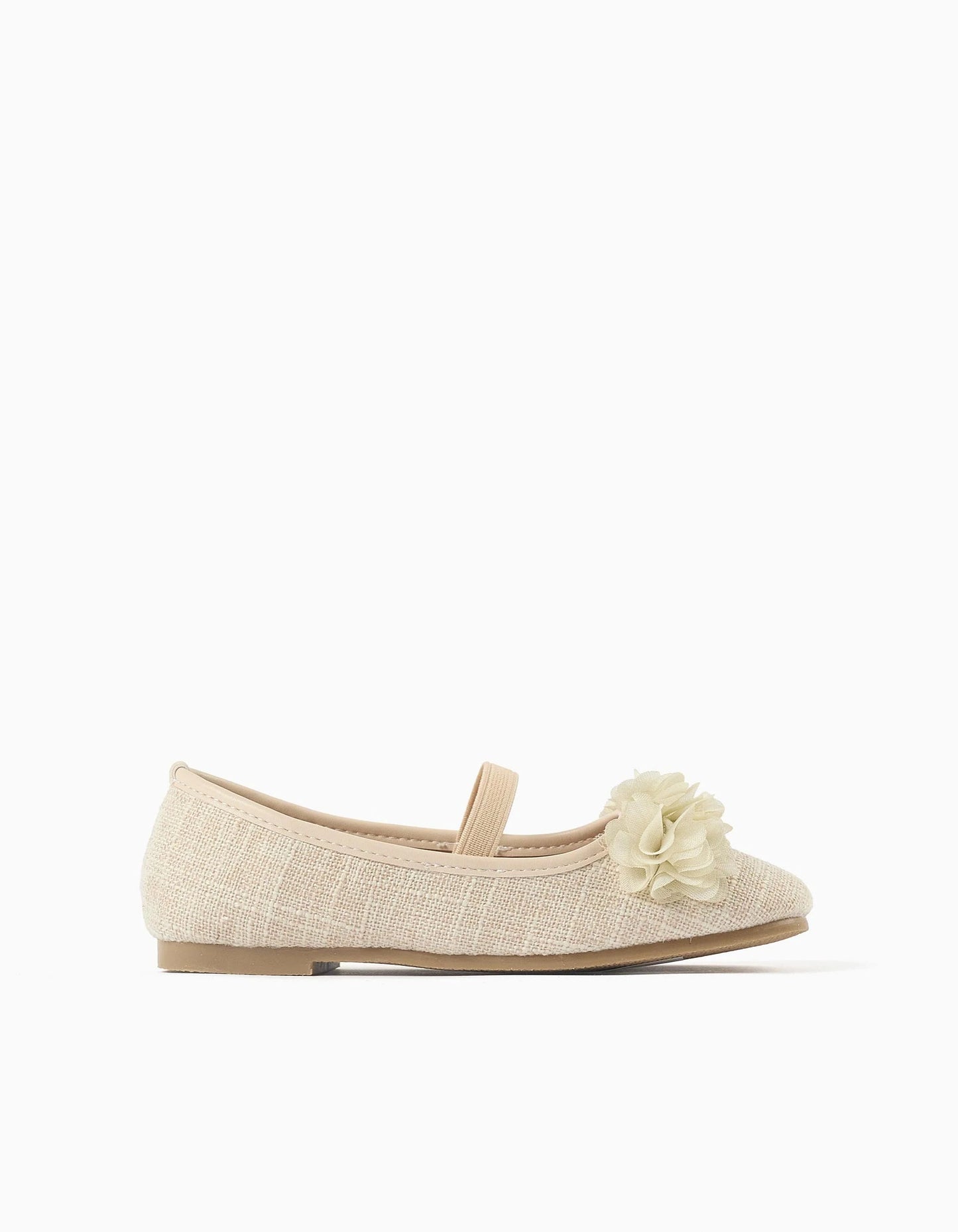 Linen ballerina shoes with flowers for girls, beige