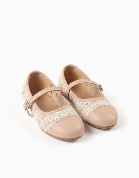 Ballerina shoes in tweed with strap for girls, pink