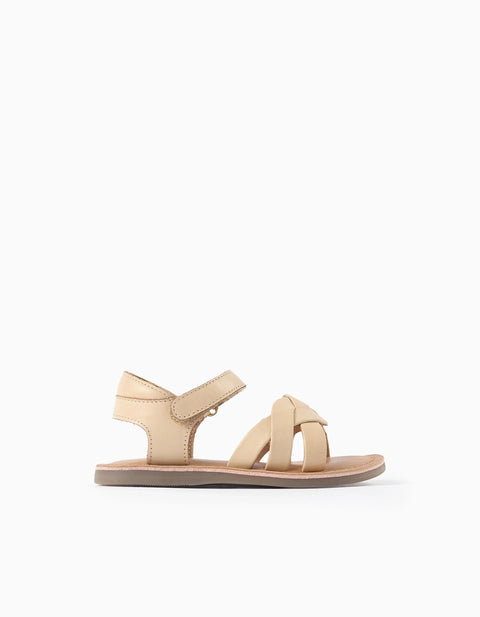 Leather Sandals with Braided Straps for Baby Girls, Beige