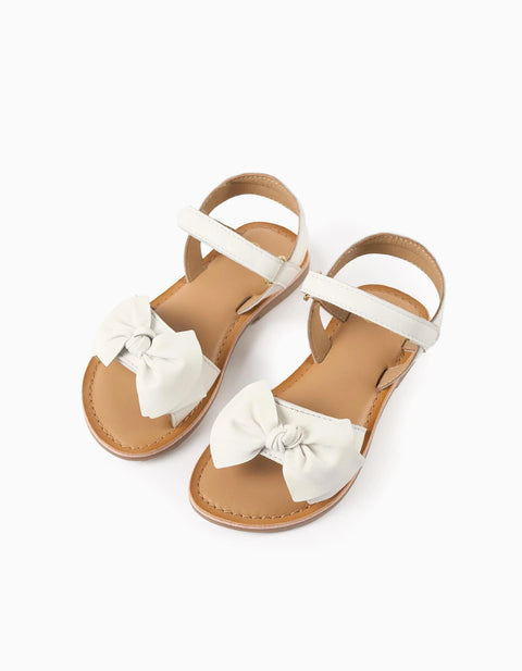 Leather Sandals with Decorative Bow for Girls, White