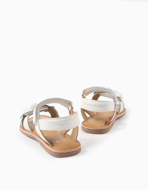 Leather Sandals with Decorative Bow for Girls, White