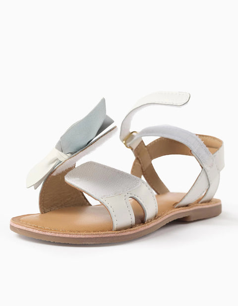 Leather Sandals with Decorative Bow for Girls, White