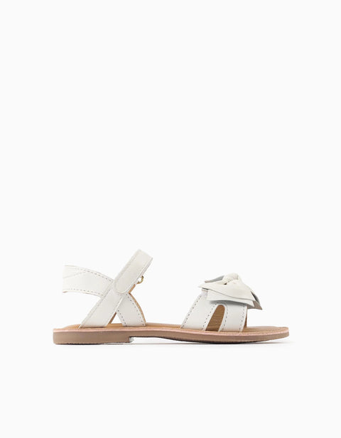 Leather Sandals with Decorative Bow for Girls, White
