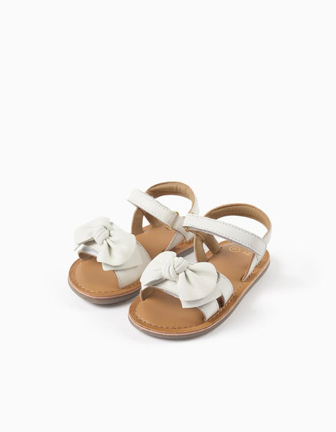 Leather Sandals with Decorative Bow for Baby Girls, White