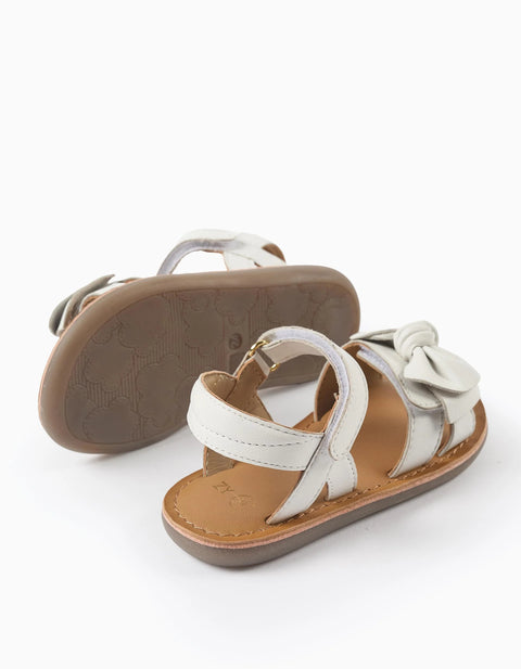 Leather Sandals with Decorative Bow for Baby Girls, White